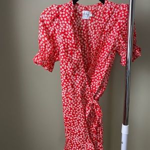 Red floral print wrap dress